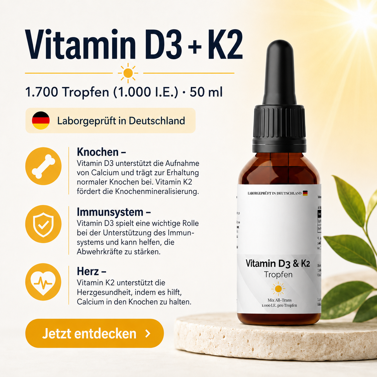 Vitamin D3 + K2 - 1.700 Tropfen (1.000 I.E.) - 50ml