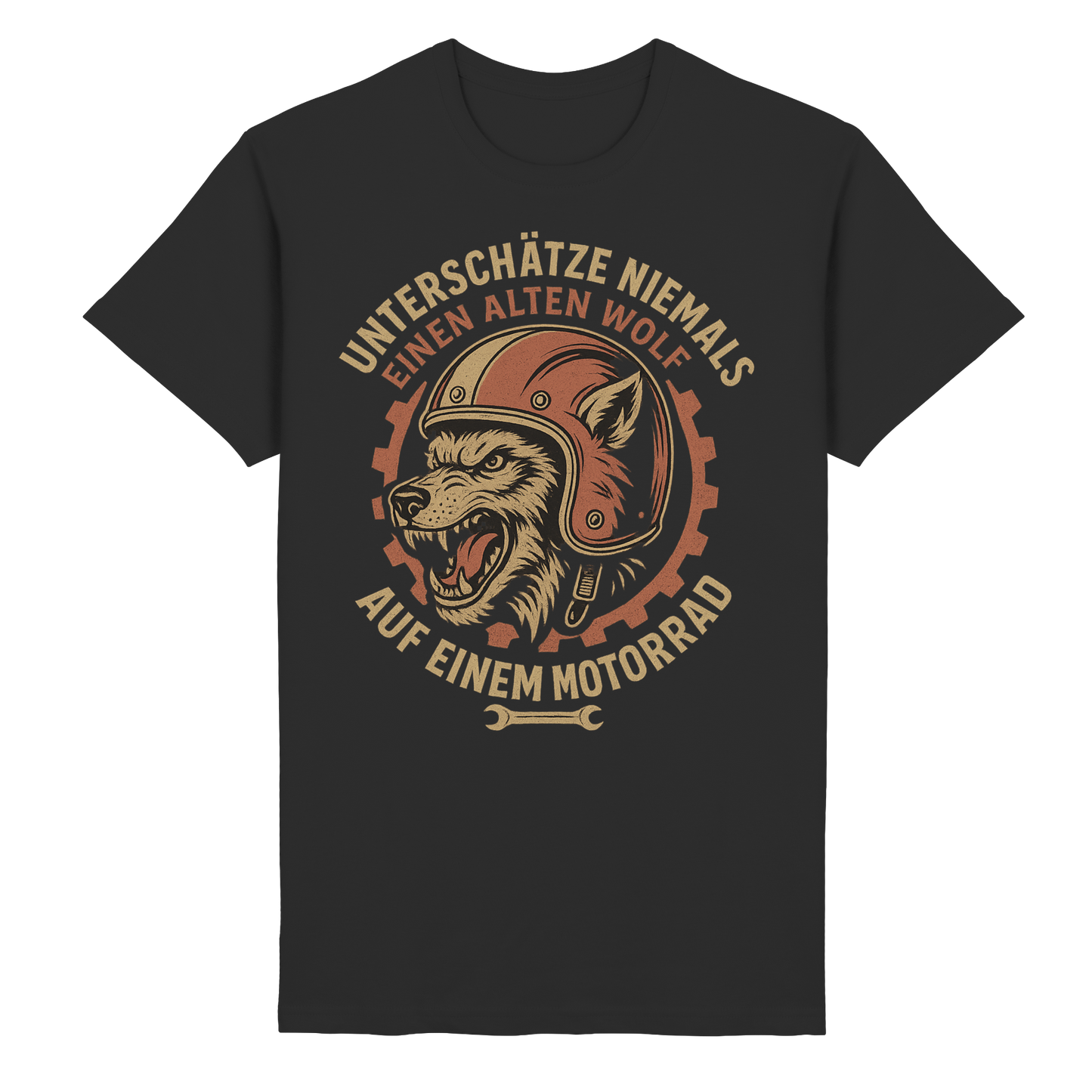 Alter Wolf mit Motorrad - T-Shirt