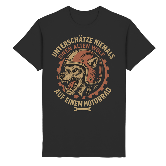 Alter Wolf mit Motorrad - T-Shirt
