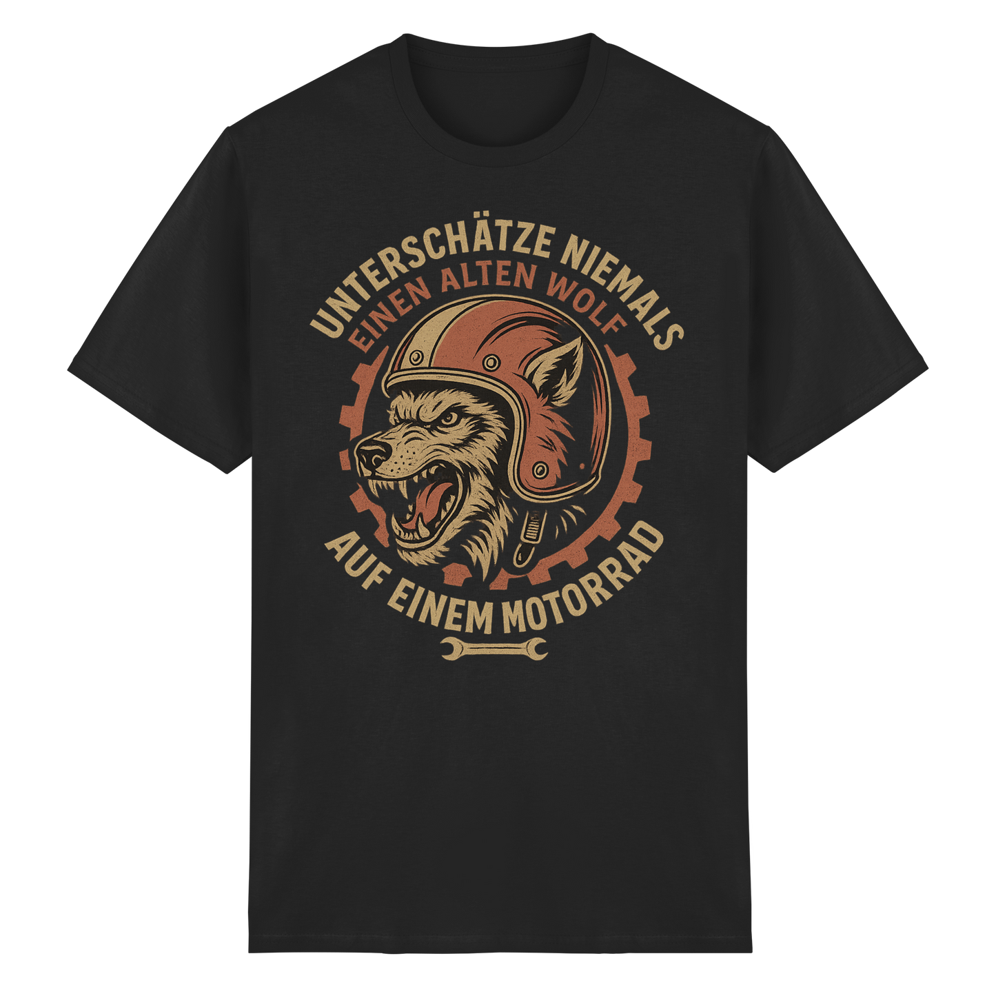 Alter Wolf mit Motorrad - T-Shirt
