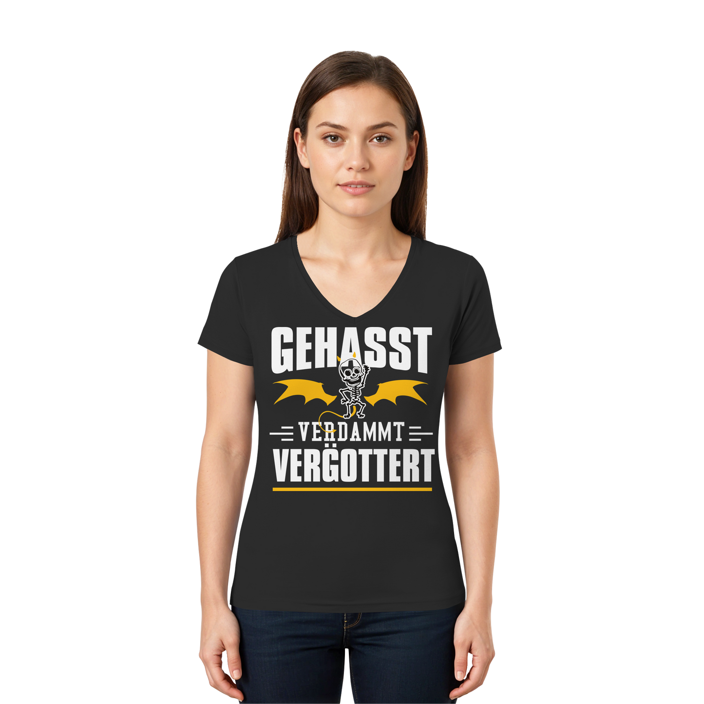 Gehasst Verdammt Vergöttert - Skelett mit Flügeln - Damen V-Neck T-Shirt