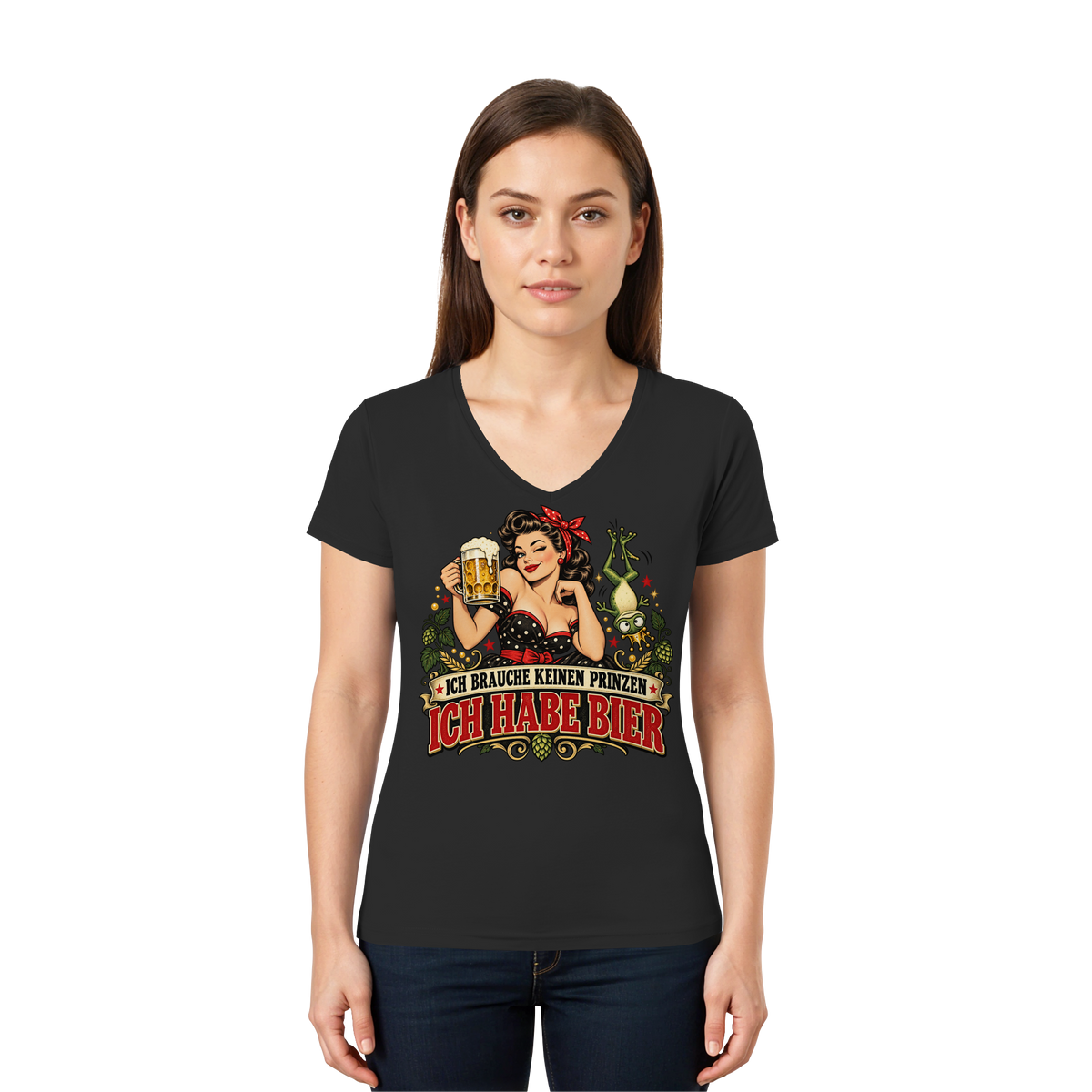 Ich brauche keinen Prinzen - Ich habe Bier - Damen V-Neck T-Shirt