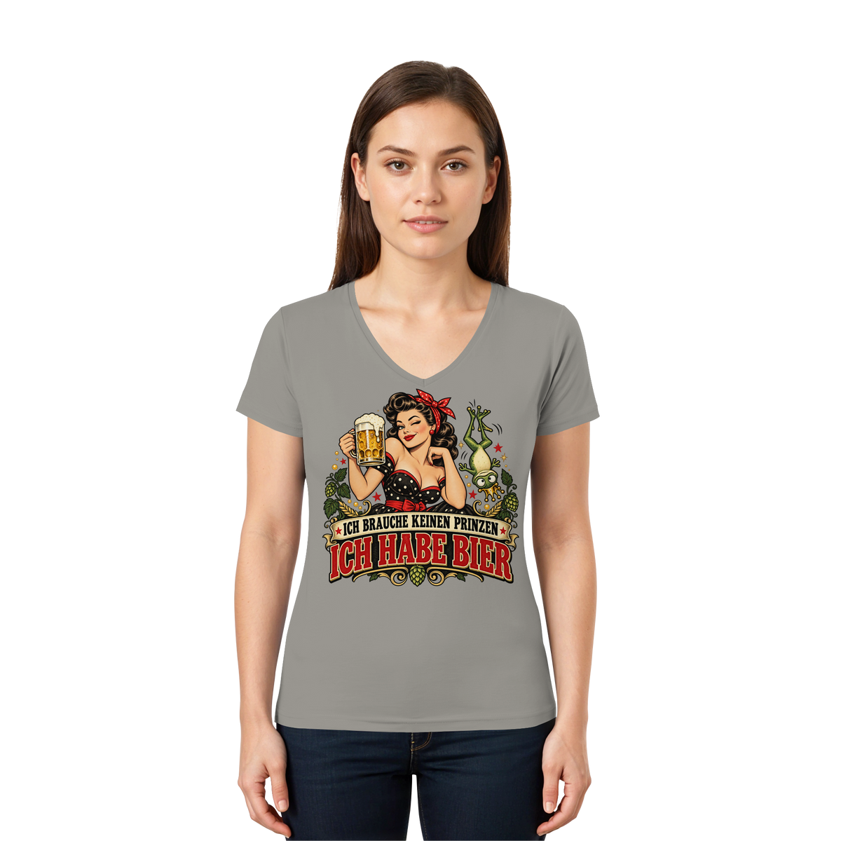 Ich brauche keinen Prinzen - Ich habe Bier - Damen V-Neck T-Shirt