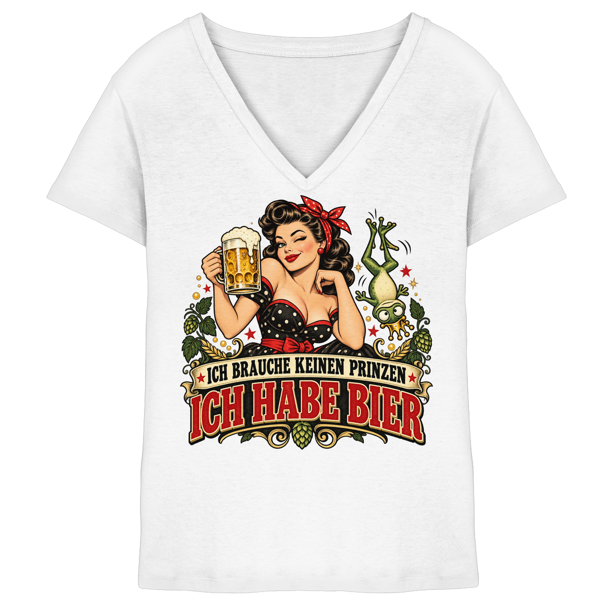Ich brauche keinen Prinzen - Ich habe Bier - Damen V-Neck T-Shirt