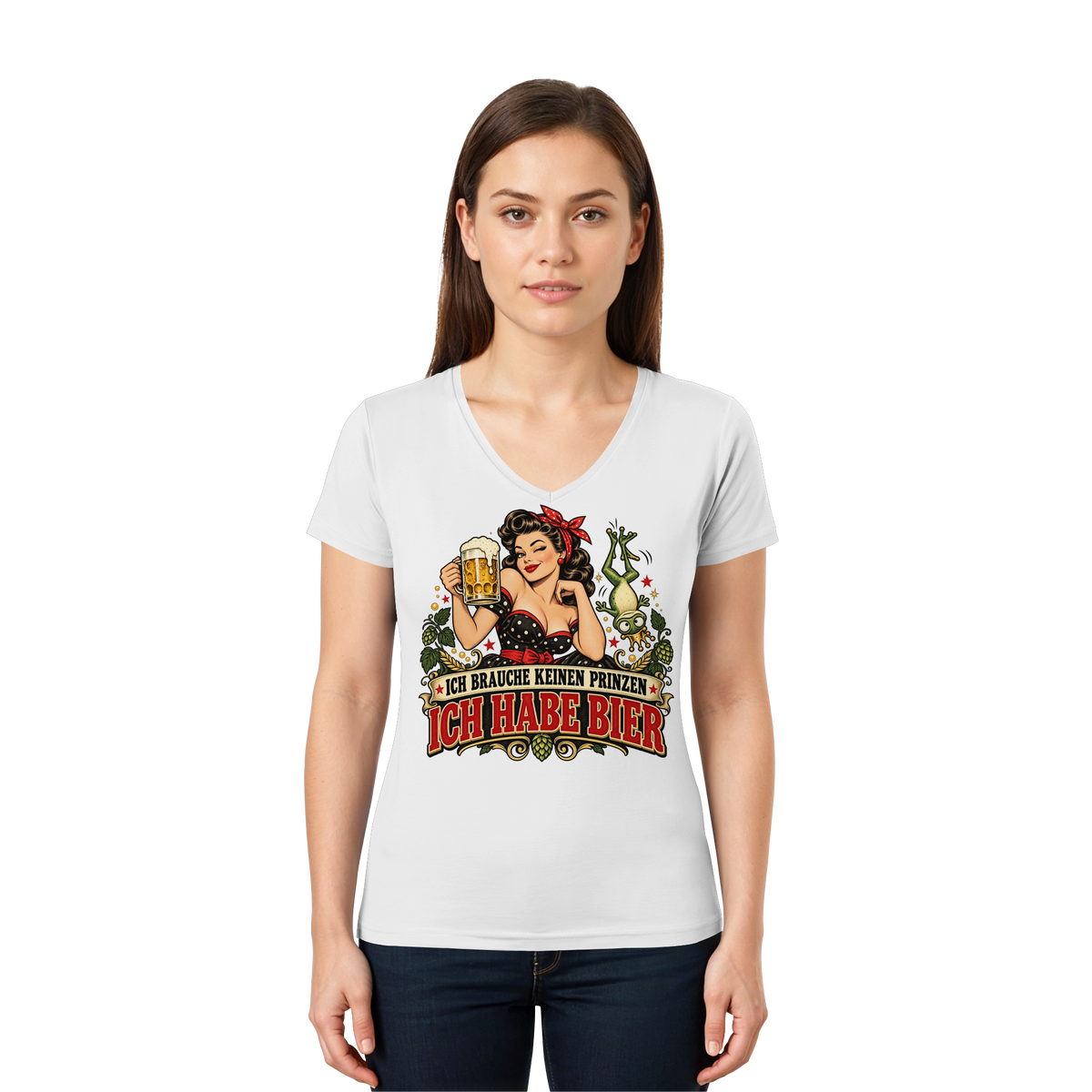 Ich brauche keinen Prinzen - Ich habe Bier - Damen V-Neck T-Shirt